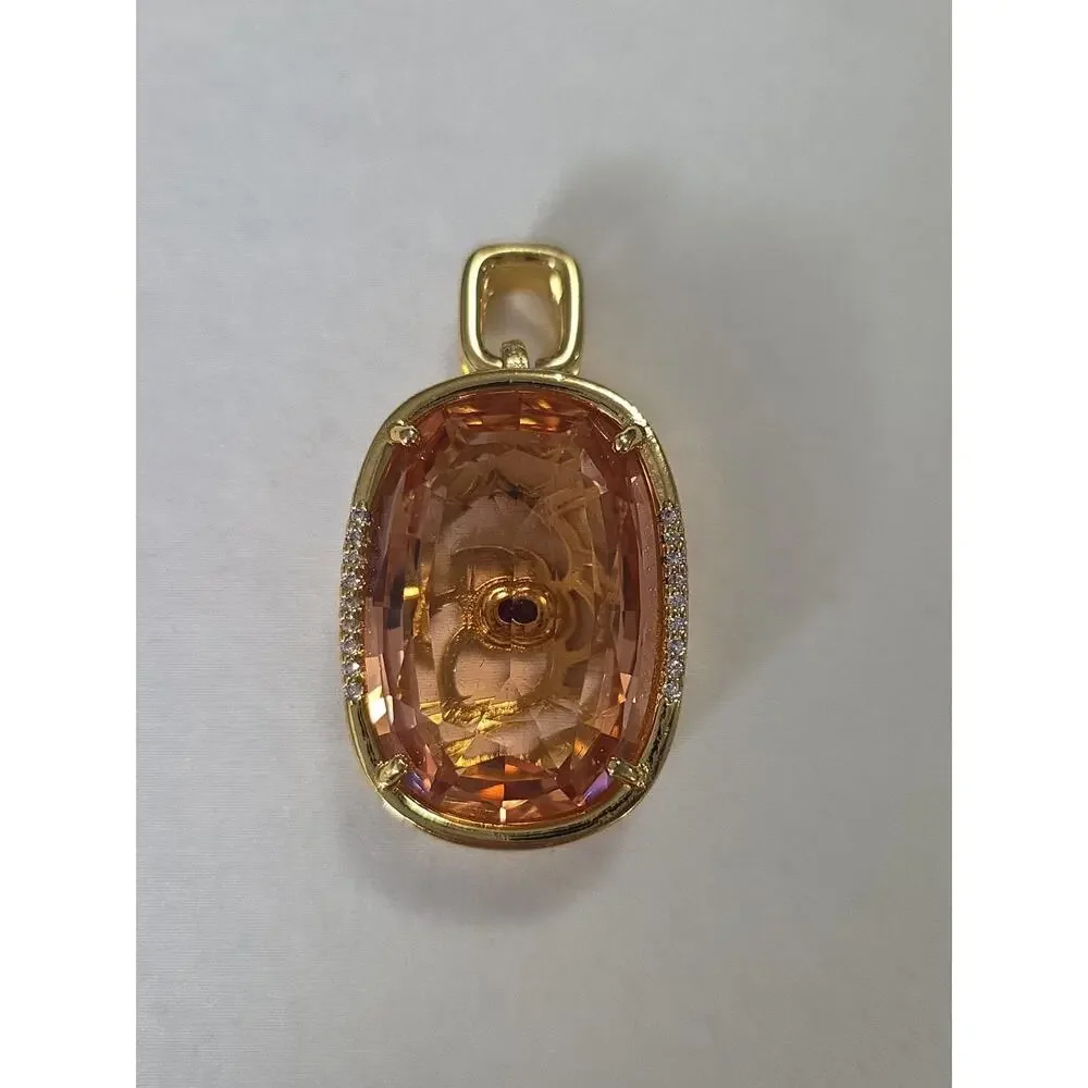 Large Light & Dark Pink Statement Pendant Reversible Floral Filigree Gold Tone